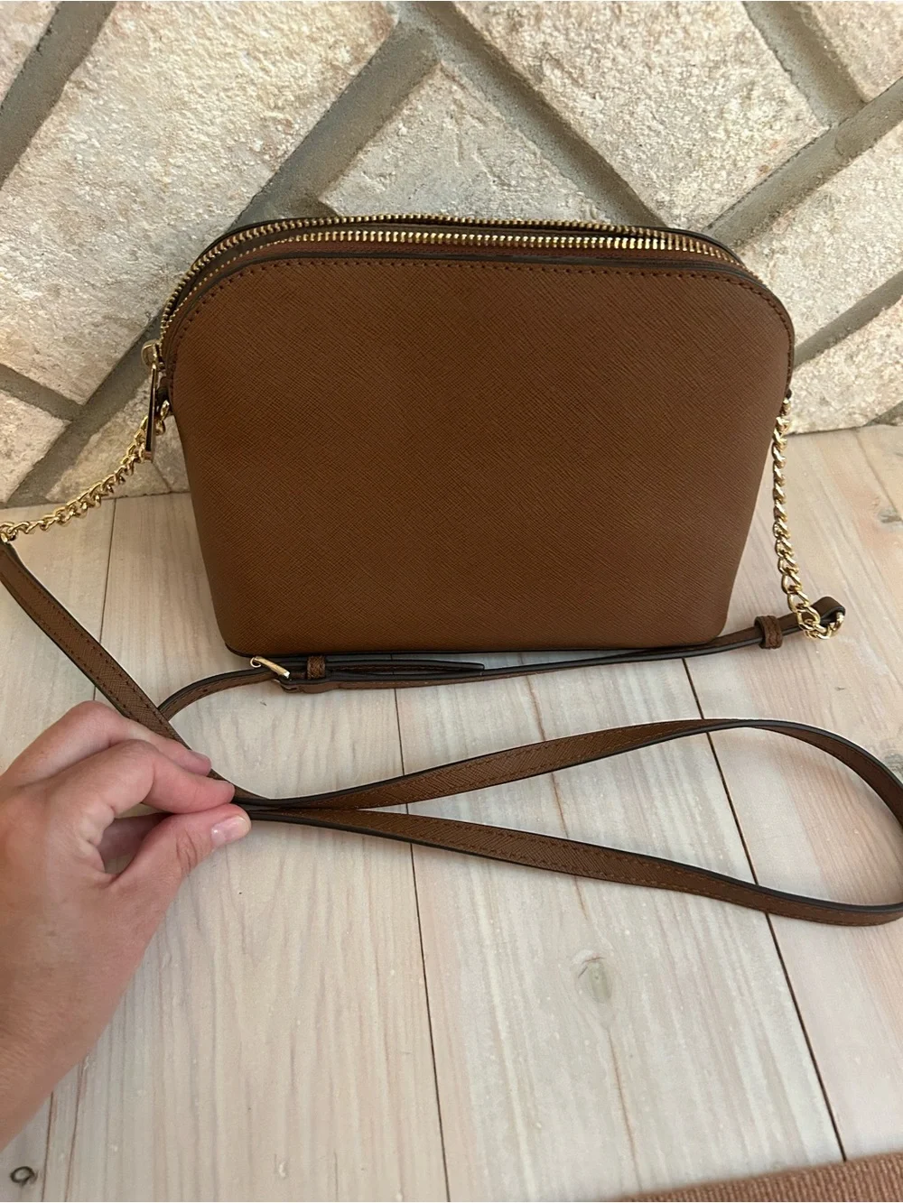 Michael Kors Chestnut Saffiano Leather Dome Crossbody with Gold Hardware